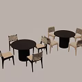 Modern Round Dining Table Set with Woven Backrest Chairs and Beige Seats 3d model