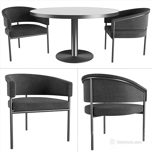 Modern Dining Table Set With Curved Gray Upholstered Chairs And Metal Frames 3d model 