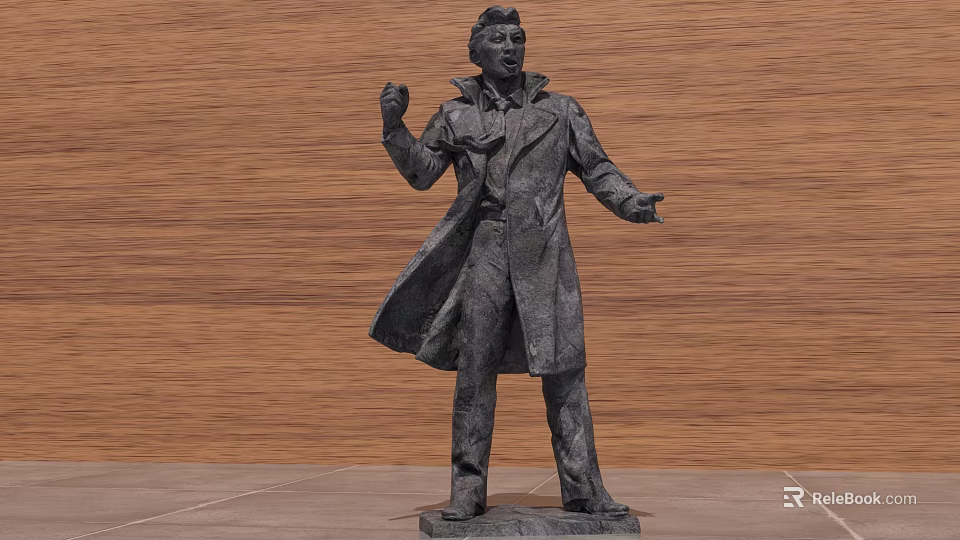 Human Figure Landscape Sculpture In Long Coat With Dynamic Pose On Gray Stone Base 3d model 