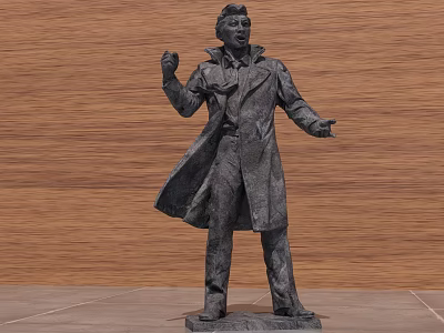 Human Figure Landscape Sculpture In Long Coat With Dynamic Pose On Gray Stone Base 3d model