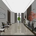 Modern Lobby Interior With Decorative Paintings Green Plants Red Maple Tree And Marble Floor