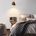 Cozy Double Bed With Grey Blanket Pillows Golden Pendant Light Chair And Wooden Floor