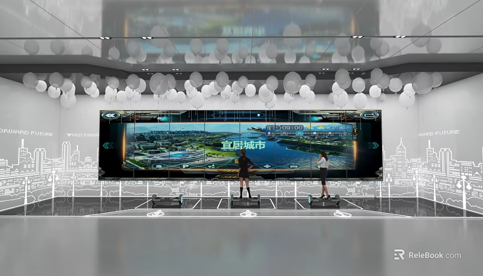 Large Screen Displaying Xuancheng City Landscape With Two People Operating And Balloon Decorations 3d model 