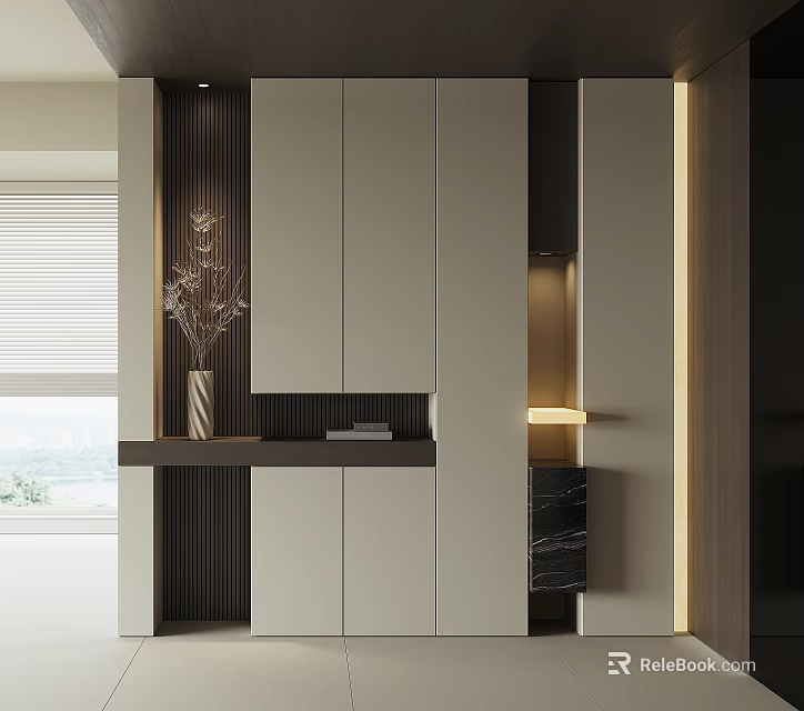 Elegant Modern Shoe Cabinet Design With Lighting Open Shelf And Decoration 3d model 