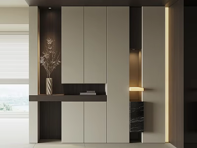Elegant Modern Shoe Cabinet Design With Lighting Open Shelf And Decoration 3d model