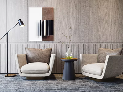 Stylish Casual Sofa Set With Two Armchairs Plush Cushions Small Round Table And Wooden Wall 3d model
