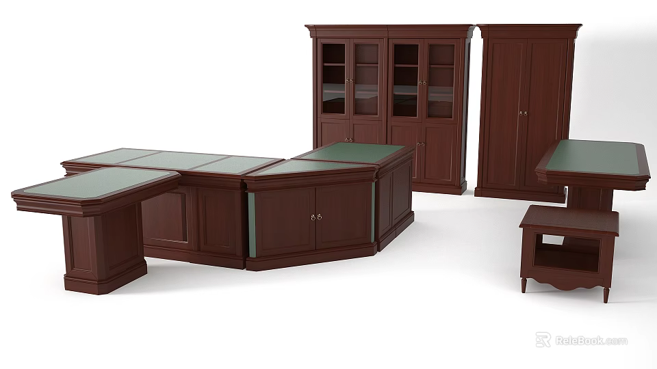 Traditional Wooden Office Desk Setup With Storage Cabinets And Glass Doors 3d model 