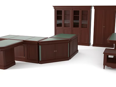 Traditional Wooden Office Desk Setup With Storage Cabinets And Glass Doors 3d model