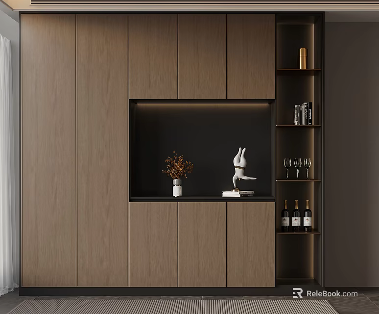 Modern Wooden Wine Cabinet With Built in Display Shelves For Wine Bottles And Decorative Items 3d model 