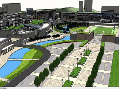 Modern Urban Plaza Design With Curved Water Feature Green Lawns Neatly Arranged Trees And Buildings 3d model