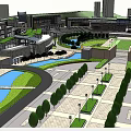Modern Urban Plaza Design With Curved Water Feature Green Lawns Neatly Arranged Trees And Buildings