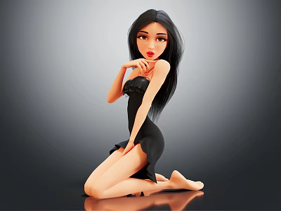 Female Character With Long Black Hair In Black Dress Kneeling Pose On Gray Gradient Background 3d model