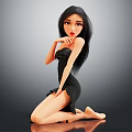 Female Character With Long Black Hair In Black Dress Kneeling Pose On Gray Gradient Background
