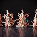 Ancient Style Women in Elegant Traditional Costumes with Flowing Skirts and Elaborate Headdresses