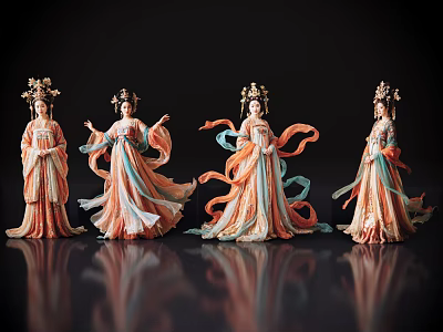 Ancient Style Women in Elegant Traditional Costumes with Flowing Skirts and Elaborate Headdresses 3d model