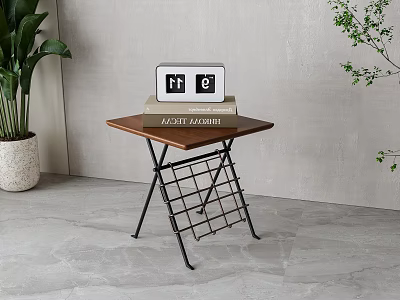 Modern Wooden Top Side Table With Black Metal Frame And Grid Storage Shelf 3d model