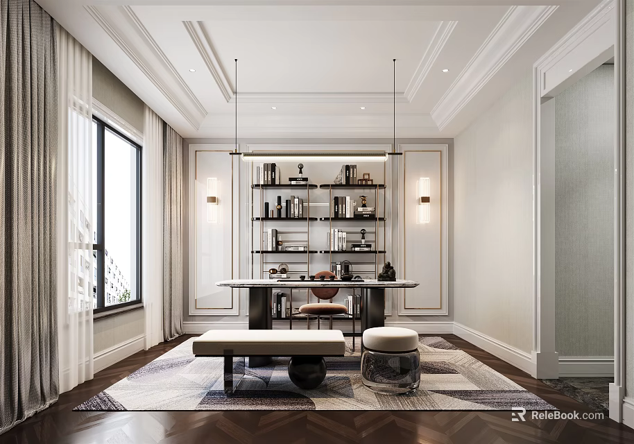 Study Room Interior With Bookshelf Table Rug Pendant Lights Window And Wall Decor 3d model