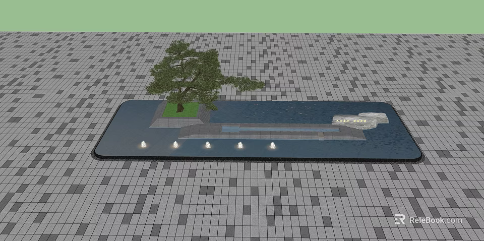 Garden Feature Design With Small Tree Water Pool And Decorative Lights On Tiled Ground 3d model