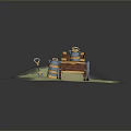 Ancient Wooden Carriage With Spoked Wheels Seated Figure And Grassy Base Decorative Frame