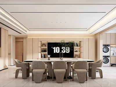 Modern Dining Living Room Interior With Round Table Chairs Large Screen And Green Plant 3d model