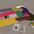 Colorful Geometric Decorative Rug on Wooden Floor with Books and Fruit Bowl
