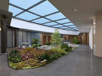Indoor Lobby Space Featuring Glass Skylight Lush Garden Plants And Stones 3d model