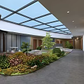 Indoor Lobby Space Featuring Glass Skylight Lush Garden Plants And Stones