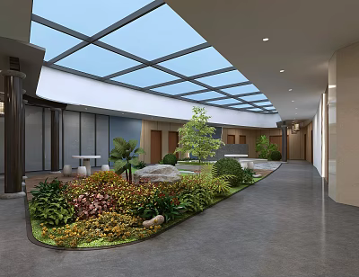 Indoor Lobby Space Featuring Glass Skylight Lush Garden Plants And Stones 3d model