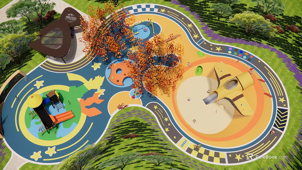 Vibrant Children's Park Landscape with Colorful Playground Ground Winding Paths Autumn Trees and Slide 3d model 