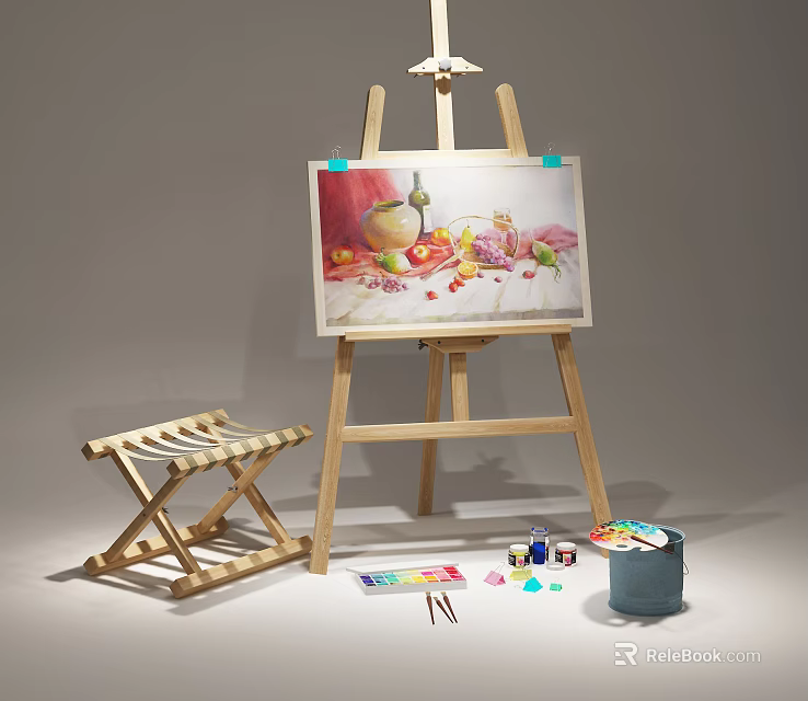 Art Supplies Setup with Wooden Easel Painting Brushes Paints Palette and Water Bucket 3d model 