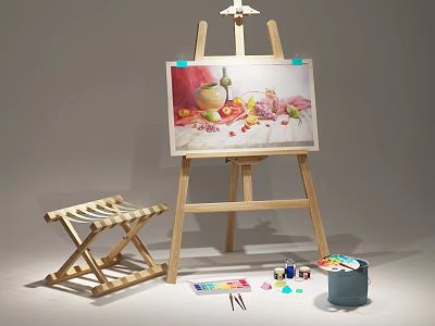 Art Supplies Setup with Wooden Easel Painting Brushes Paints Palette and Water Bucket 3d model