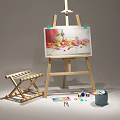 Art Supplies Setup with Wooden Easel Painting Brushes Paints Palette and Water Bucket