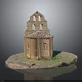 Ancient Stone Building Model With Arched Windows Dome Roof And Grass Platform