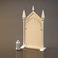 Gothic Style Decorative Mirror Featuring Ornate Spires And Intricate Frame With Small Vintage Lantern
