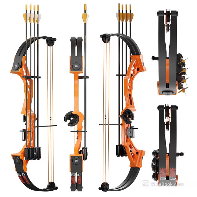 Orange and Black Modern Compound Bow Archery Weapon with Multiple Parts and Detailed Design 3d model 