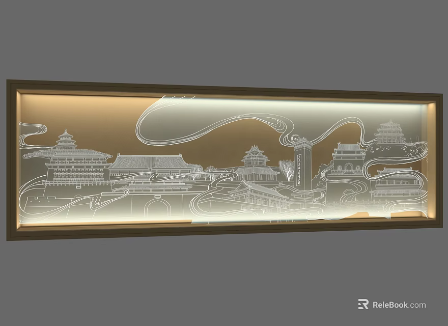 Art Installation With Golden Frame Rectangular White Line Traditional Chinese Architecture Palaces Towers Cloud Patterns 3d model