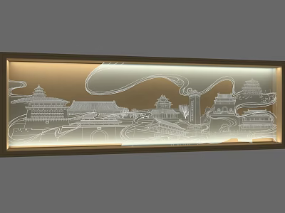 Art Installation With Golden Frame Rectangular White Line Traditional Chinese Architecture Palaces Towers Cloud Patterns 3d model