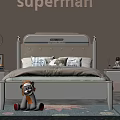 Kids Bed with Superman Theme Decorative Headboard and Plush Toy in Cozy Bedroom