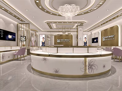 Elegant Jewelry Store Interior With Round Display Counter Chandelier And Displayed Jewelry 3d model