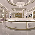 Elegant Jewelry Store Interior With Round Display Counter Chandelier And Displayed Jewelry