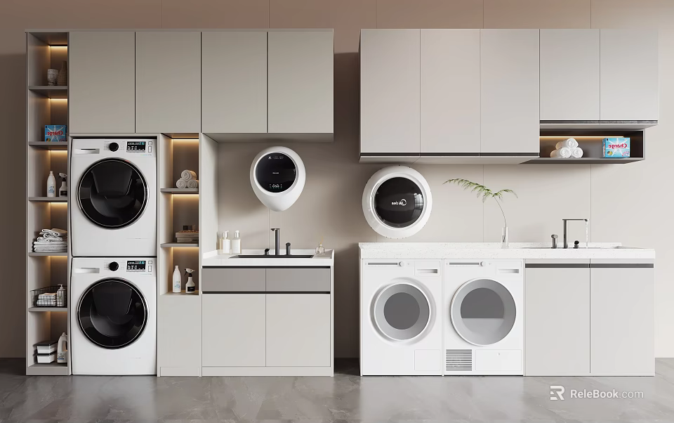 Modern Bathroom Vanity Cabinet Interior Design With Washing Machine Dryer And Storage Countertop 3d model 
