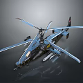 Blue Military Helicopter Model with Multiple Rotors Yellow Markings Weapons on Dark Background Reflection