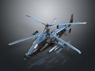 Blue Military Helicopter Model with Multiple Rotors Yellow Markings Weapons on Dark Background Reflection 3d model