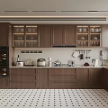 Modern Wooden Kitchen Interior With Glass Door Cabinets Countertop Appliances And Black White Dot Floor
