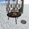 Outdoor Round Wooden Table on Poolside Deck with Food Fruits Lantern and Woven Cushions