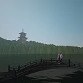 Ancient Pagoda Scenery by Lake with Arch Bridge People and Green Trees