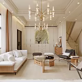 Elegant Light French Living And Dining Room Interior Design With Luxury Chandelier And Cozy Fireplace
