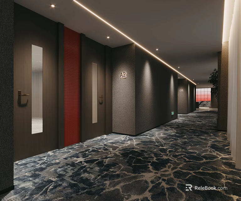 Modern Hotel Corridor With Guest Room Doors Recessed Lighting And Patterned Carpet 3d model 