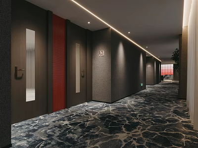 Modern Hotel Corridor With Guest Room Doors Recessed Lighting And Patterned Carpet 3d model