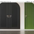 Black Arched Double Doors With Metal Handles Against White Walls Wooden Floor